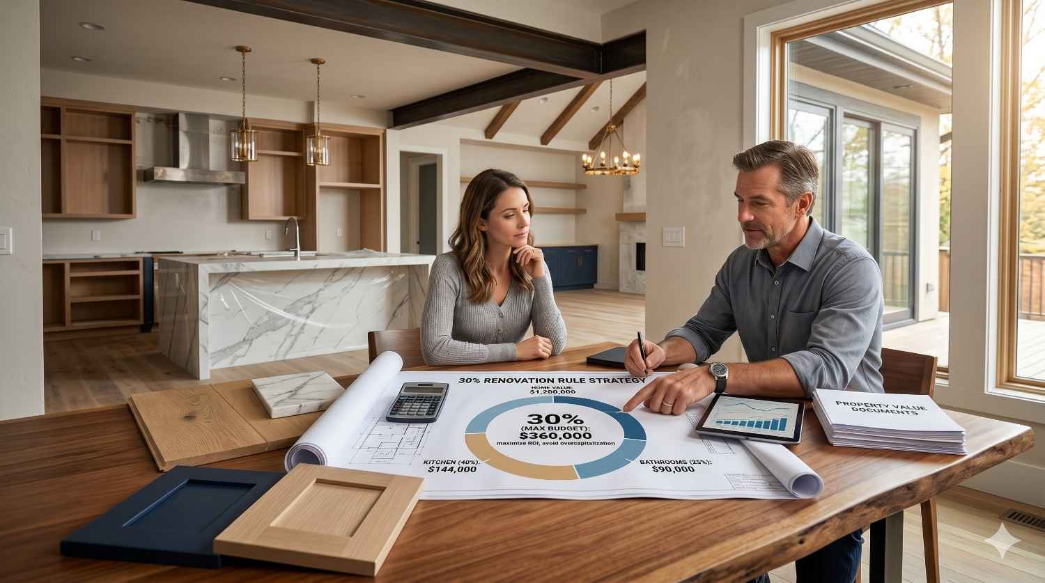 Homeowners reviewing renovation plans and budget strategy with a contractor in a modern home interior. Blueprints, material samples, and a renovation cost chart are displayed on the table, highlighting home remodeling planning, budgeting, and property value improvement.