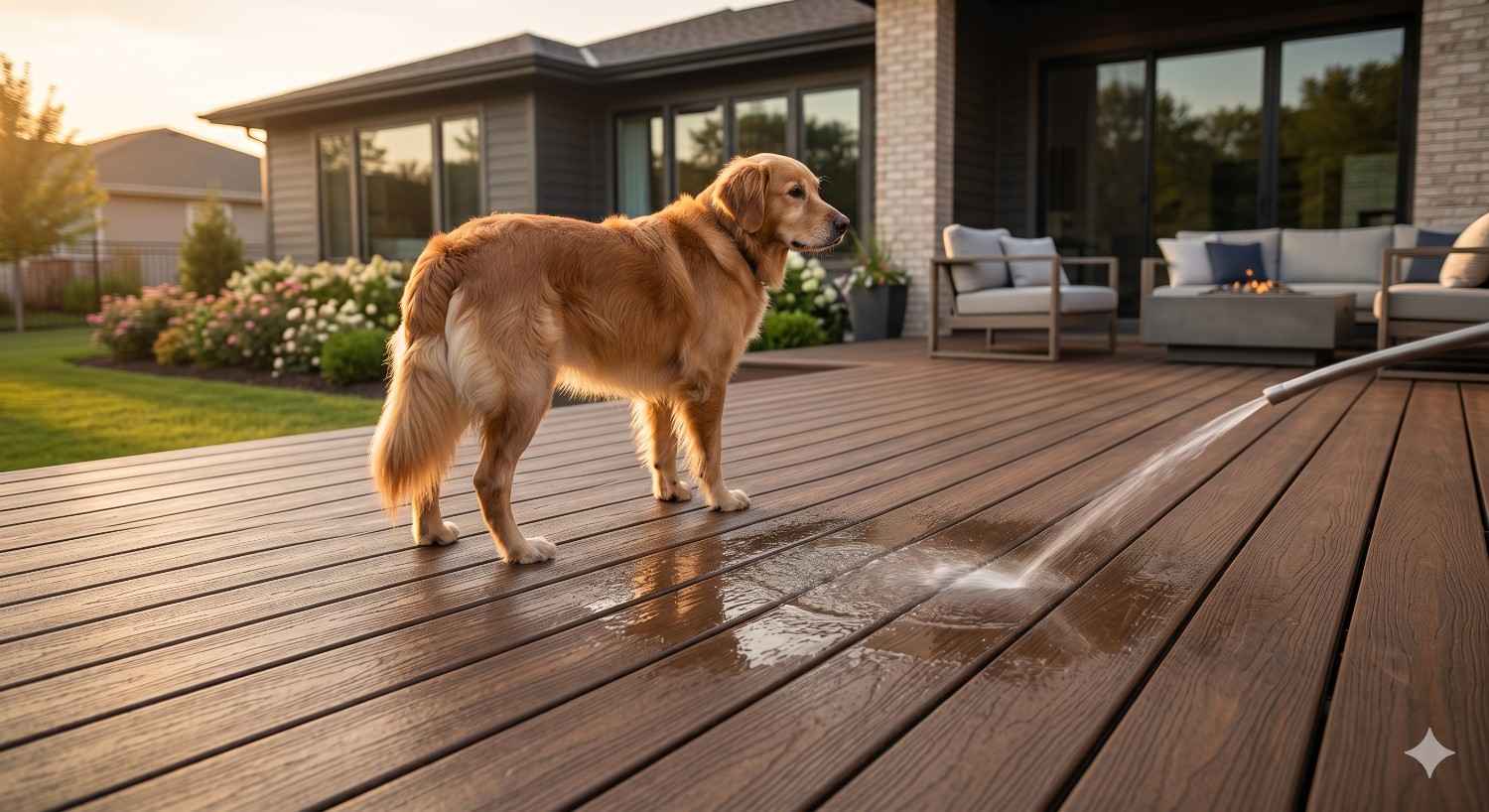 Golden retriever standing on a modern backyard deck while water sprays across the wooden surface during cleaning. Outdoor patio furniture and landscaped yard appear in the background at sunset, creating a warm residential outdoor scene.