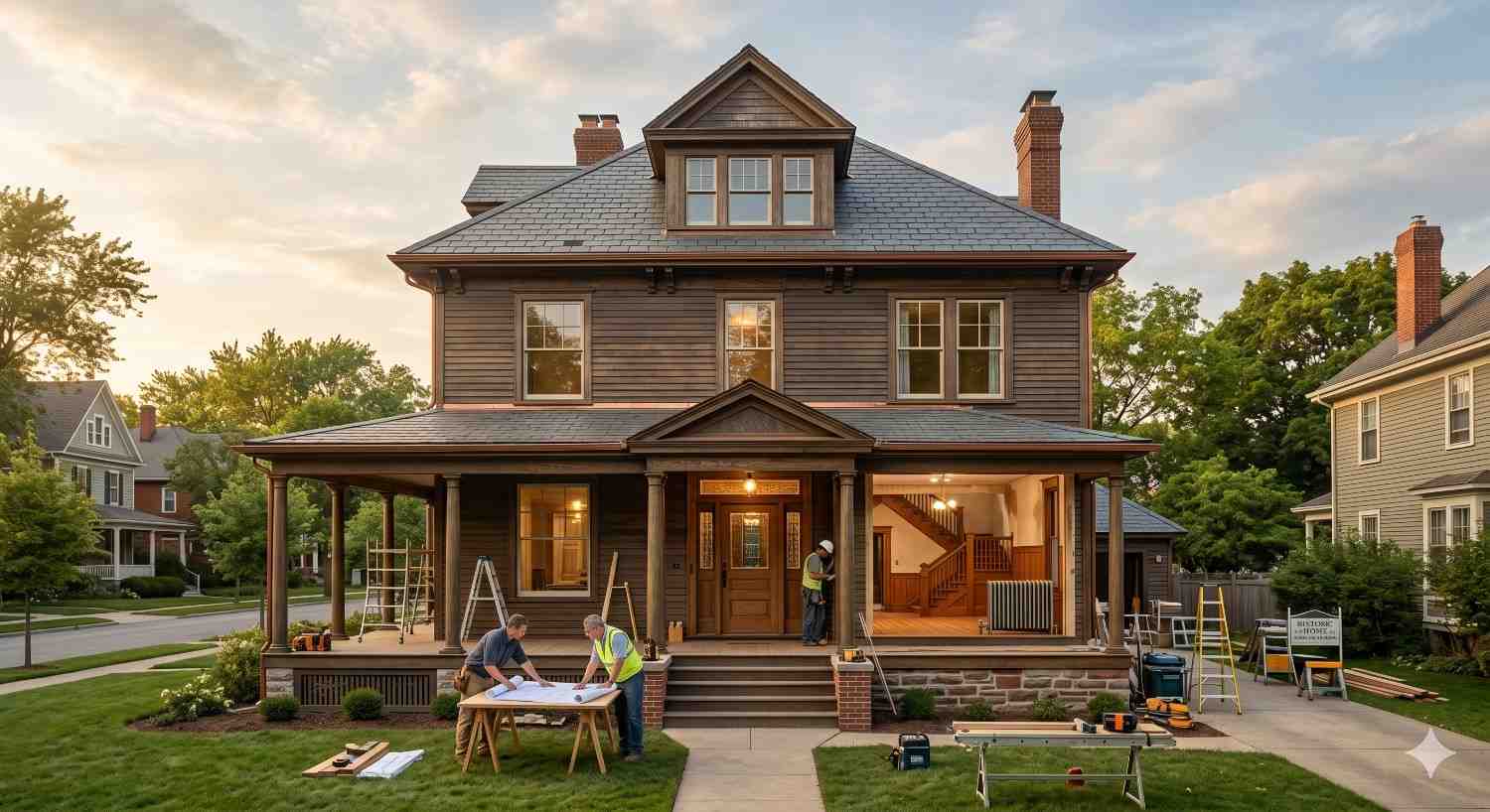 Large traditional two-story home undergoing renovation in a suburban neighborhood during sunset. Construction workers review blueprints and complete interior and exterior remodeling tasks around the covered front porch. Ladders, tools, and worktables surround the property, while the partially open facade reveals upgraded interior spaces and active residential construction progress.