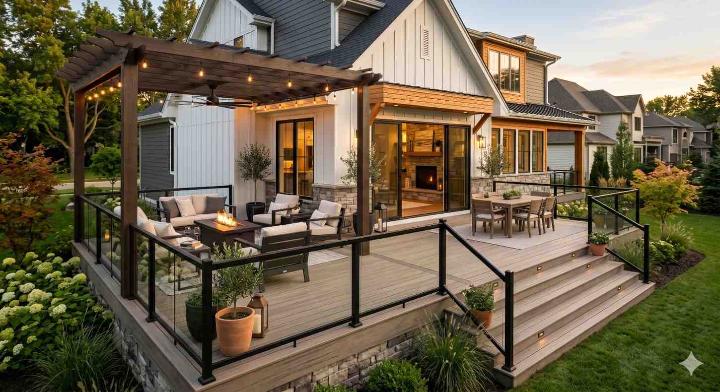 Modern backyard deck with pergola, outdoor lounge seating, dining area, fire table, and glass railing attached to a luxury suburban home. Multi-level patio design features landscaping, built-in lighting, and warm evening ambiance.