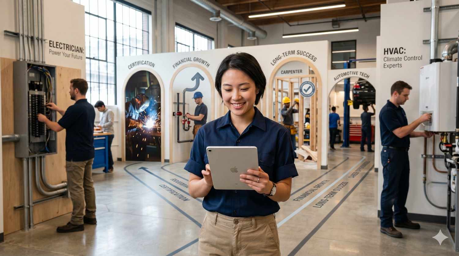 Smiling student stands in a modern skilled trades training center using a tablet while apprentices and technicians practice electrical, HVAC, welding, automotive, and carpentry skills. Educational displays highlight certification, financial growth, and long-term career success. Bright workshop environment showcases vocational training pathways, hands-on learning, and professional workforce development opportunities.