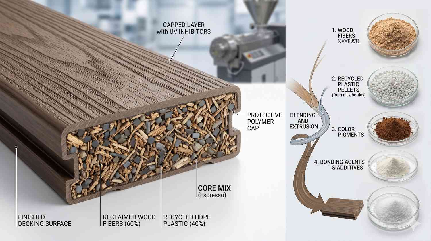 Cross-sectional diagram of composite decking construction showing a capped protective outer layer with UV inhibitors surrounding a core made from reclaimed wood fibers and recycled HDPE plastic. The illustration details raw material inputs, including wood fibers, recycled plastic pellets, pigments, and additives, blended through extrusion to create durable decking boards.