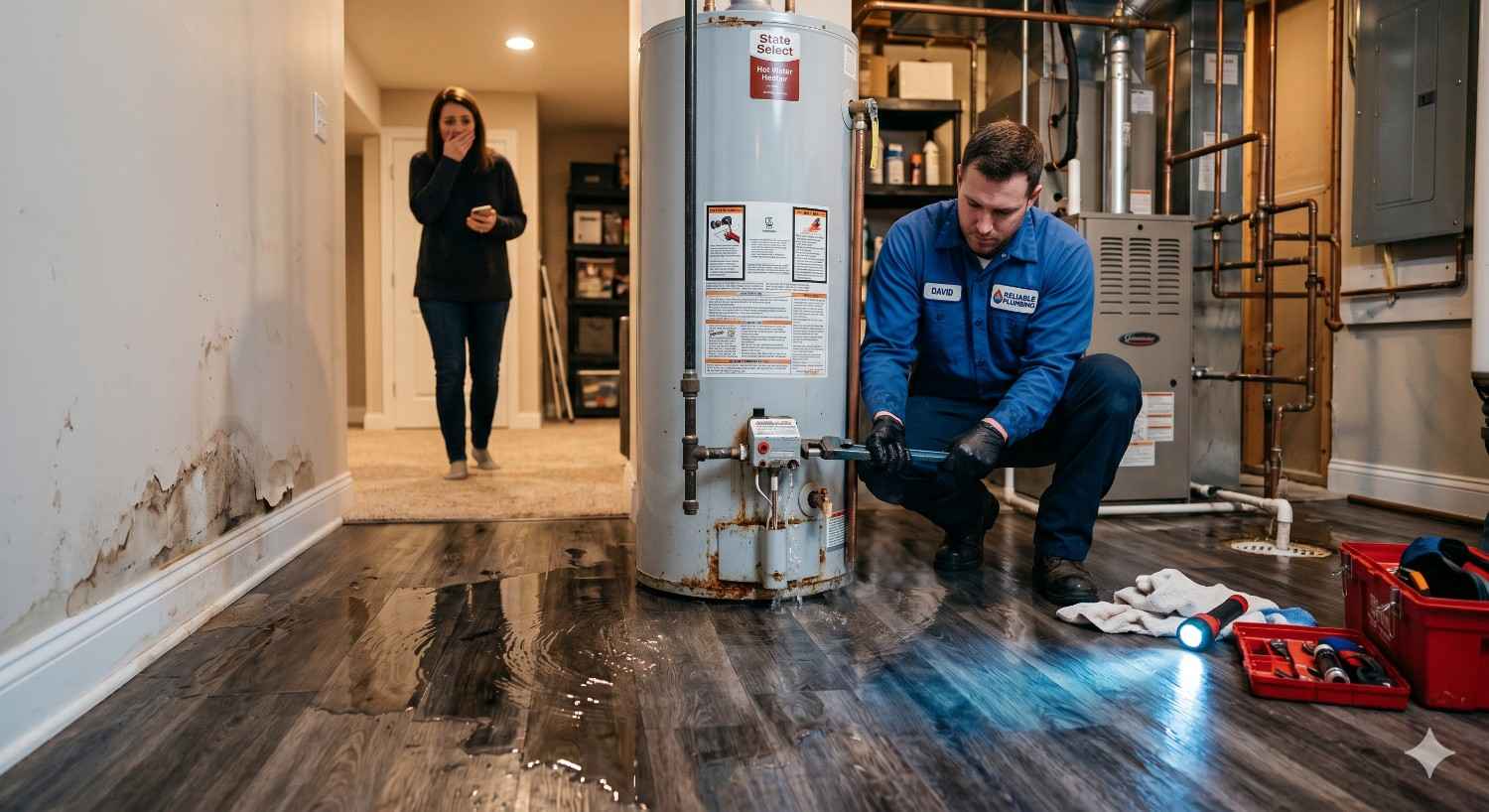 Plumber repairing a leaking water heater in a basement while water spreads across the floor. A concerned homeowner watches nearby as tools, moisture damage, and stained walls highlight an emergency plumbing repair and potential home water damage situation.