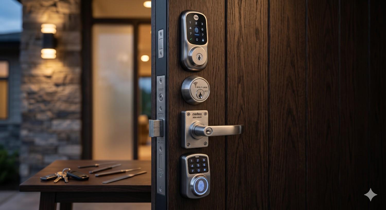 Close-up of a modern residential front door featuring multiple smart locks, keypad entry systems, and reinforced deadbolts installed on dark wood. Lock installation tools and house keys rest nearby, suggesting active security upgrades. Warm exterior lighting and contemporary architecture emphasize advanced home protection, secure access control, and professional residential locksmith installation services.