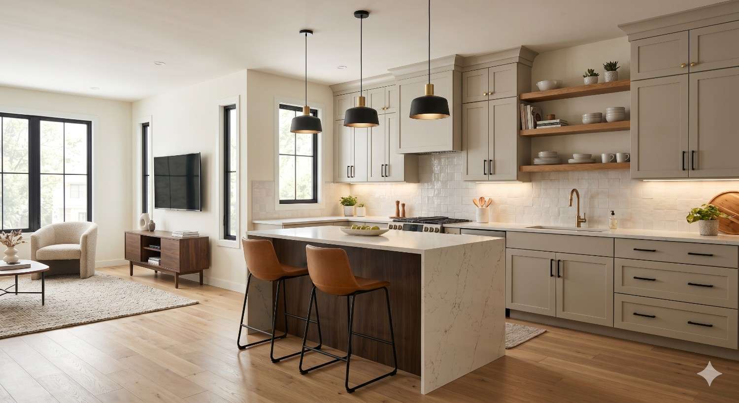 Modern open-concept kitchen and living area with gray cabinetry, open shelving, pendant lighting, and a marble island with seating. Light wood flooring and large windows create a warm, contemporary interior.