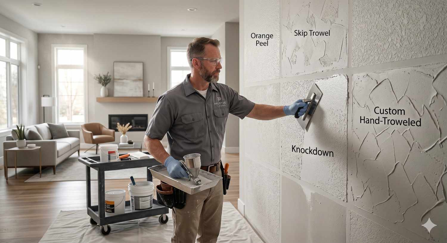 Professional contractor applying decorative wall textures with trowel samples showing orange peel, knockdown, skip trowel and custom finishes for Texture Services