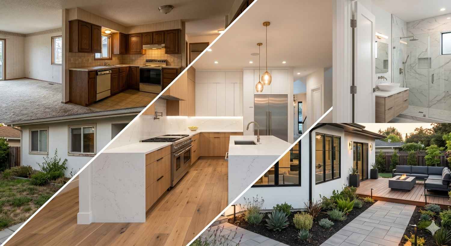Collage showing a home renovation transformation, including outdated interiors and exterior before remodeling alongside modern upgrades featuring a bright kitchen, luxury bathroom, landscaped yard, and contemporary outdoor living space.
