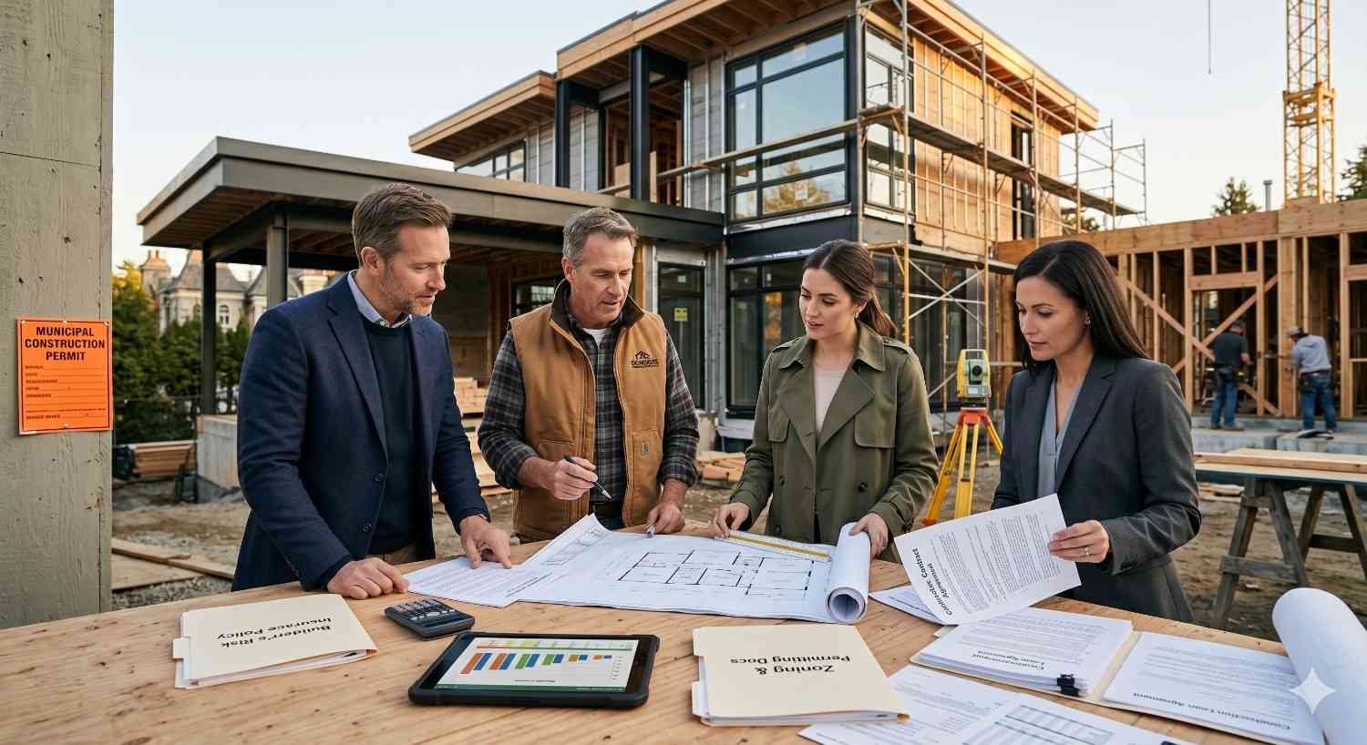 Construction professionals and project managers review blueprints and permits at a modern residential building site Contemporary homes under construction rise behind the team while scaffolding, framing, and surveying equipment surround the area Documents, charts, and digital tools cover the table, highlighting collaboration, planning, budgeting, and coordination during an active architectural development project outdoors