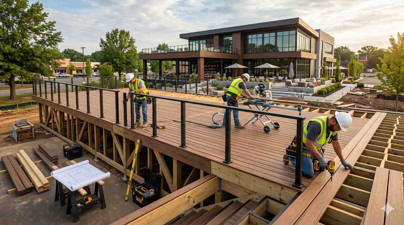 Three construction workers install composite decking and metal railings on a large elevated commercial deck outside a modern office building. Tools, lumber, and blueprints are visible as the crew measures, cuts, and fastens boards. The image showcases professional deck construction, structural framing, craftsmanship, and contemporary outdoor commercial design.