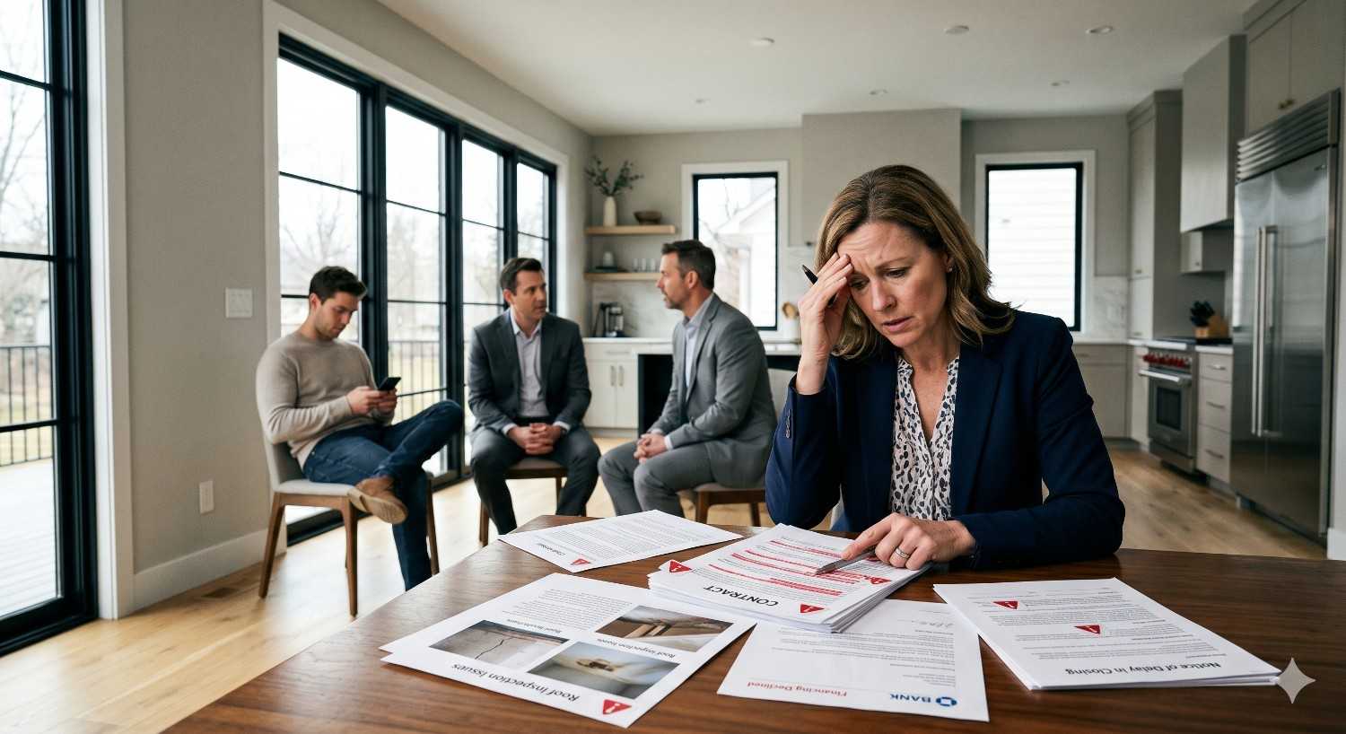 Stressed homeowner reviewing financial and contract documents at a kitchen table while three people discuss in the background. Papers marked with warnings and renovation issues suggest concerns about construction costs, loans, or home remodeling disputes in a modern interior.