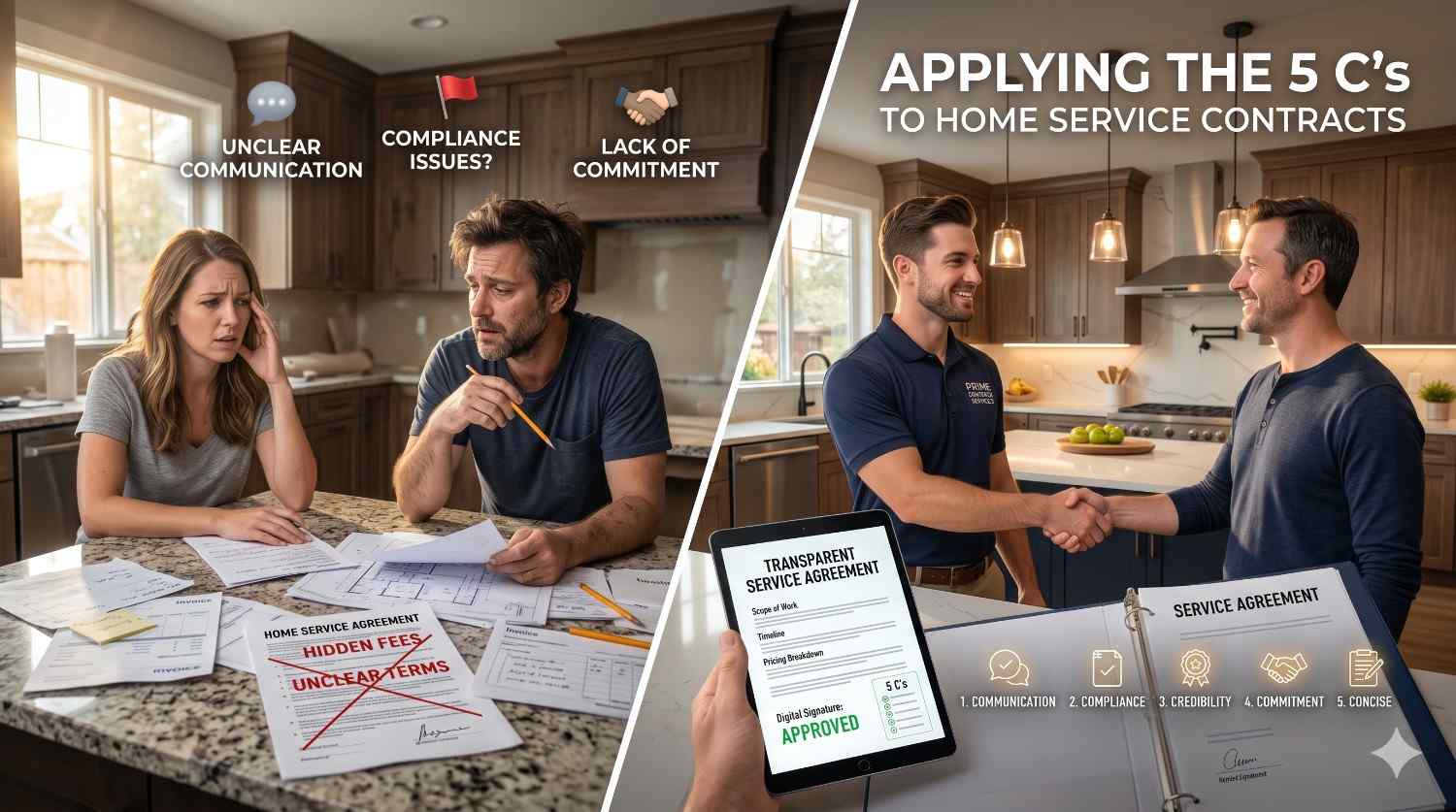 Split-screen comparison of problematic and trustworthy home service contracts. One side shows frustrated homeowners facing hidden fees and unclear terms, while the other shows a contractor and client shaking hands over a transparent agreement emphasizing communication, compliance, credibility, commitment, and concise terms.