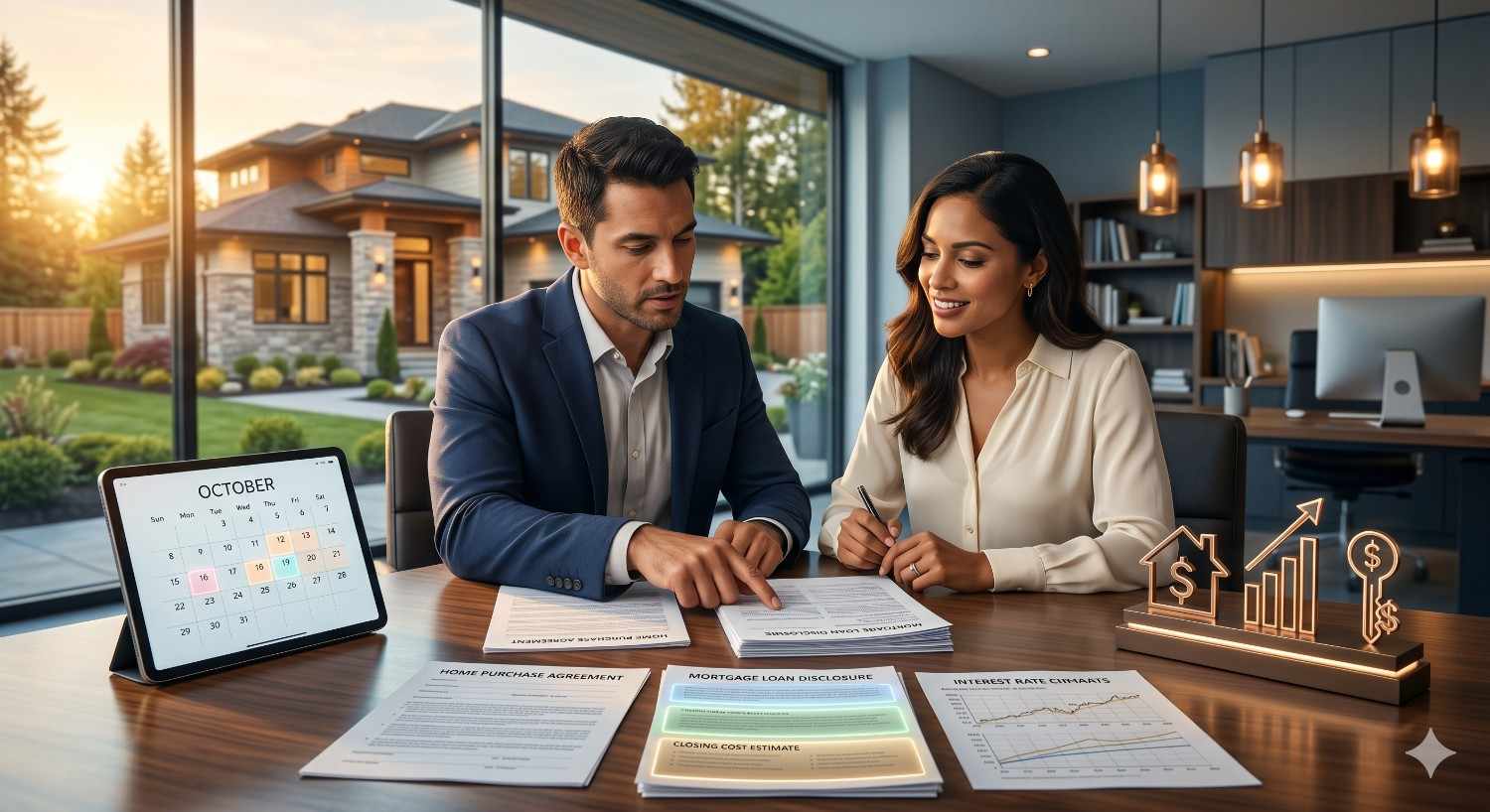 A couple reviews mortgage and home purchase documents in a modern office with a luxury home visible outside. A tablet calendar, interest rate charts, and financial icons emphasize loan planning, closing timelines, and real estate financing decisions.