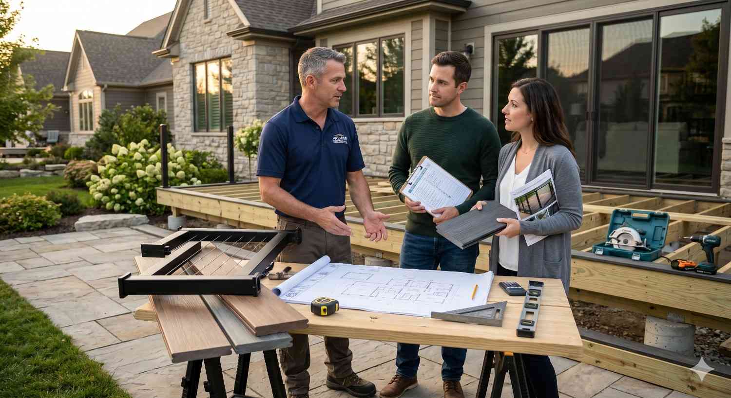 Contractor meeting with homeowners to review deck construction plans and material samples beside a partially built backyard deck. Tools, blueprints, railing components, and composite decking boards are displayed on a worktable in a landscaped suburban backyard.