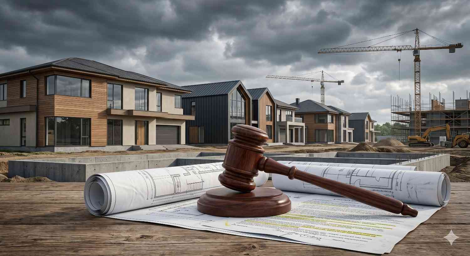 Judge’s gavel rests on construction blueprints and legal documents at a residential development site. Modern homes, cranes, and storm clouds in the background symbolize construction law, zoning disputes, or real estate litigation.