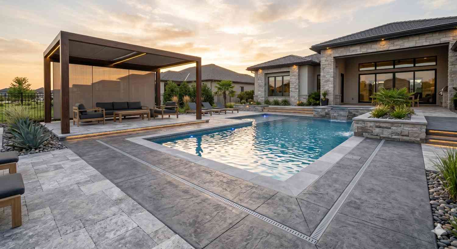 Luxury modern backyard featuring a large rectangular swimming pool surrounded by stone pavers, landscaped planters, and integrated lighting at sunset. Contemporary covered lounge pavilion with outdoor seating overlooks the water beside an elegant stone-clad home. Spacious patio design, clean architectural lines, and resort-style amenities create a sophisticated outdoor entertainment and relaxation space.