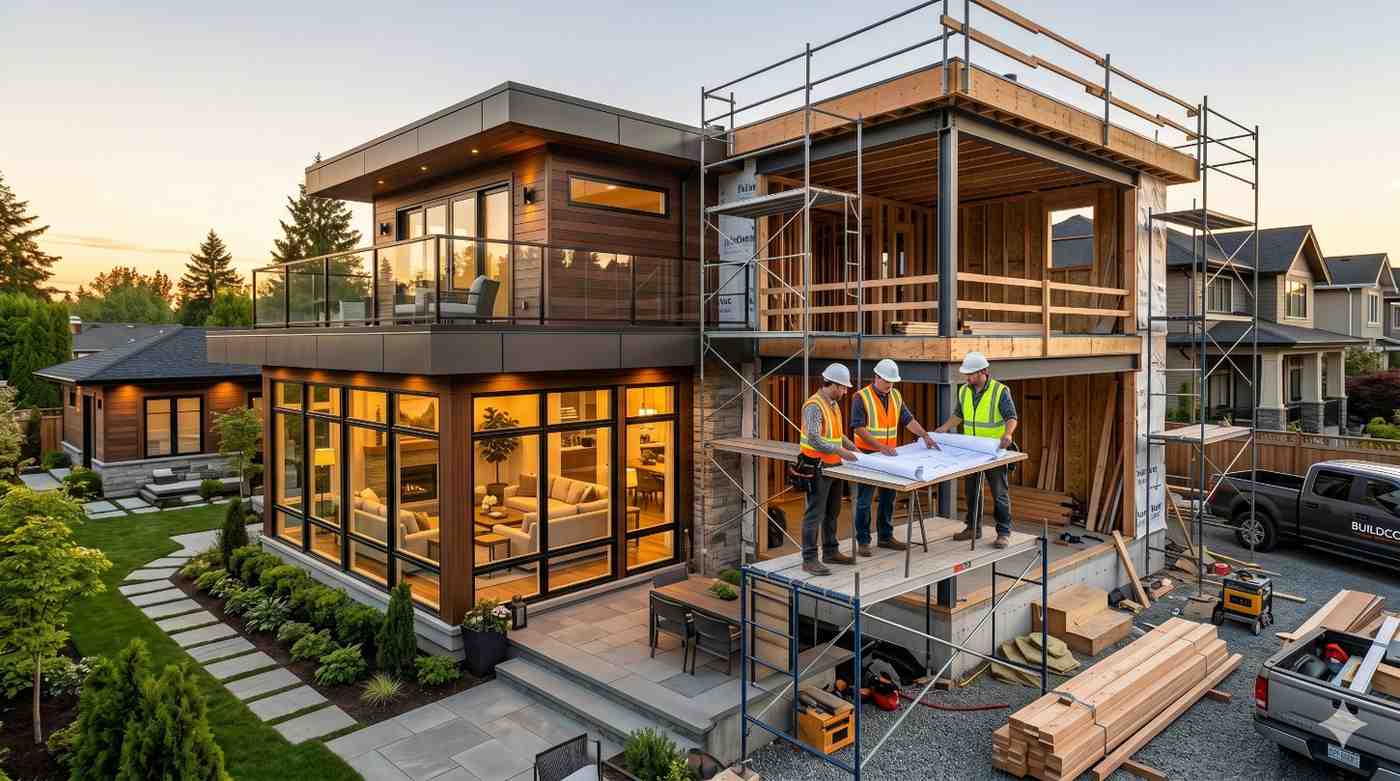 Modern luxury home construction project at sunset featuring partially completed contemporary residence beside finished architectural design. Construction workers review blueprints on scaffolding surrounded by exposed framing, steel supports, lumber, and tools. Completed section showcases expansive windows, outdoor living spaces, landscaped yard, and warm interior lighting, illustrating custom residential build and renovation transformation process.