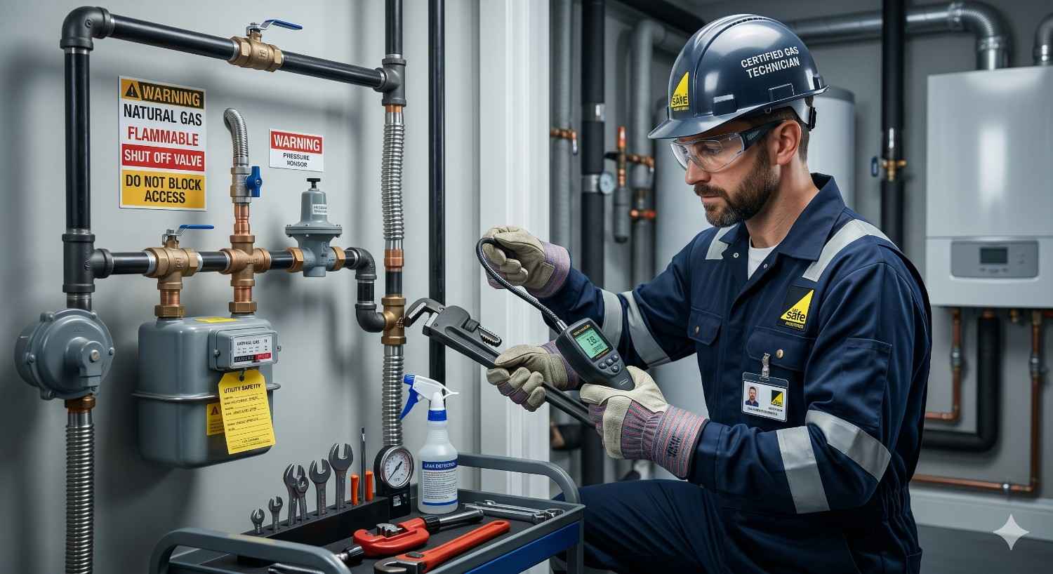 Certified gas technician inspecting residential piping with leak detector during Gas Line Services maintenance and safety check