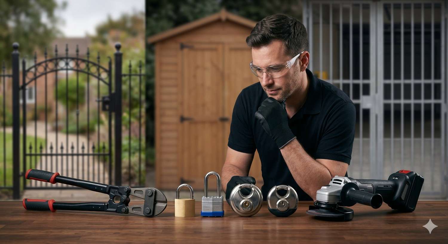 Security professional compares different padlock options and security tools on a table, including standard padlocks, high-security disc locks, bolt cutters, and an angle grinder. Background images show gates, storage units, and secured access points. The image illustrates lock selection, physical security, theft prevention, access control, and security hardware evaluation.