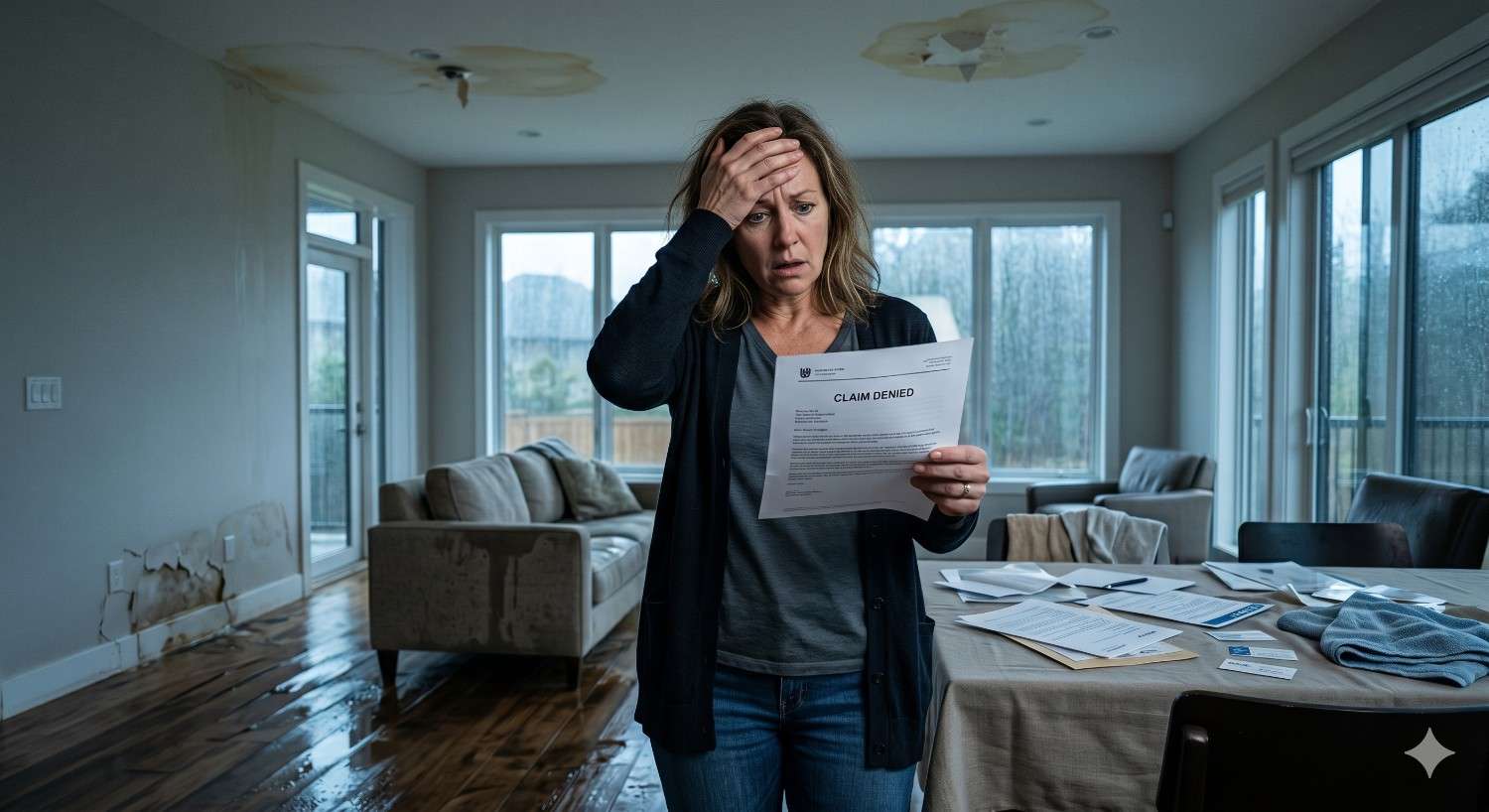 Distressed homeowner stands in a water-damaged living room holding a “claim denied” insurance letter. Wet floors, ceiling stains, damaged walls, and scattered paperwork emphasize the stress and financial impact of denied home insurance coverage after flooding or water damage.