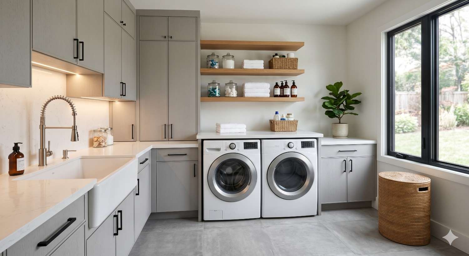 Bright modern laundry room featuring gray shaker cabinets, farmhouse sink, quartz countertops, and front-loading washer and dryer units. Open wooden shelving displays neatly folded towels, baskets, and glass storage jars. Large black-framed window provides natural light beside woven laundry hamper, indoor plant, under-cabinet lighting, and minimalist contemporary interior design finishes throughout space.