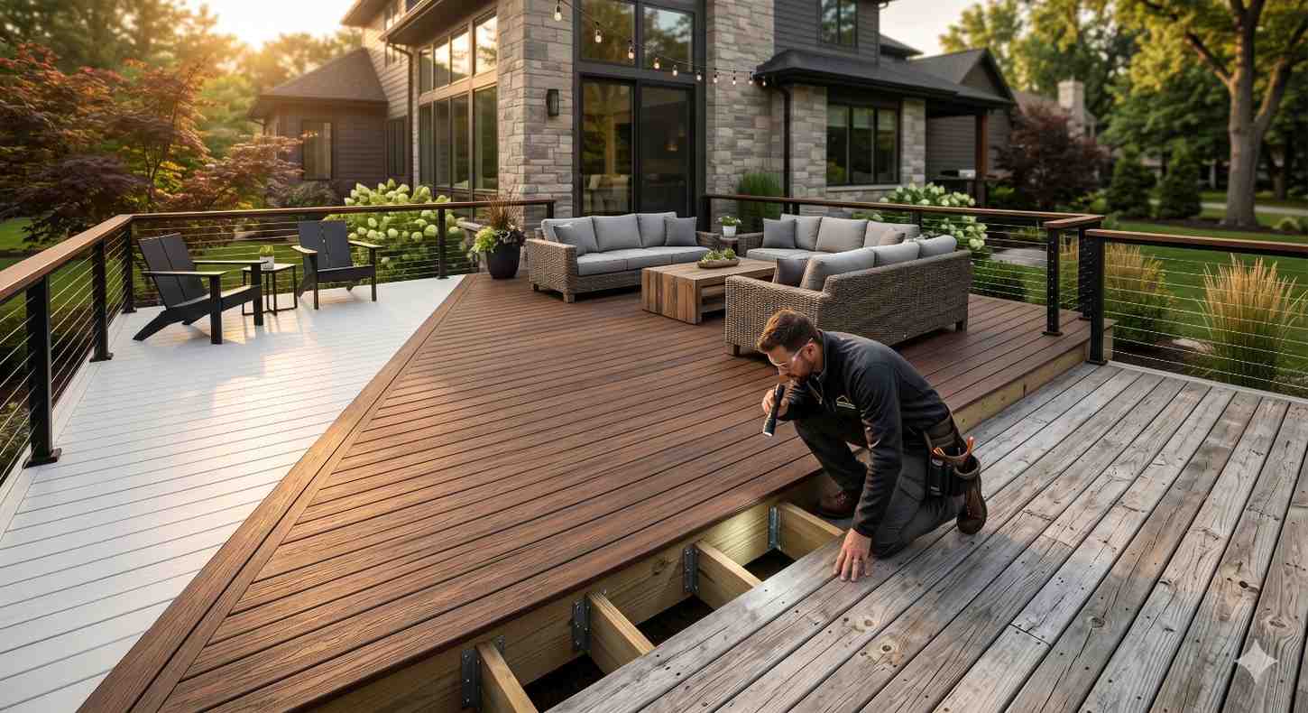Contractor inspecting and repairing a backyard deck with mixed old and new decking materials. Modern outdoor living area features composite decking, lounge furniture, cable railing, and landscaped surroundings beside a luxury suburban home at sunset.