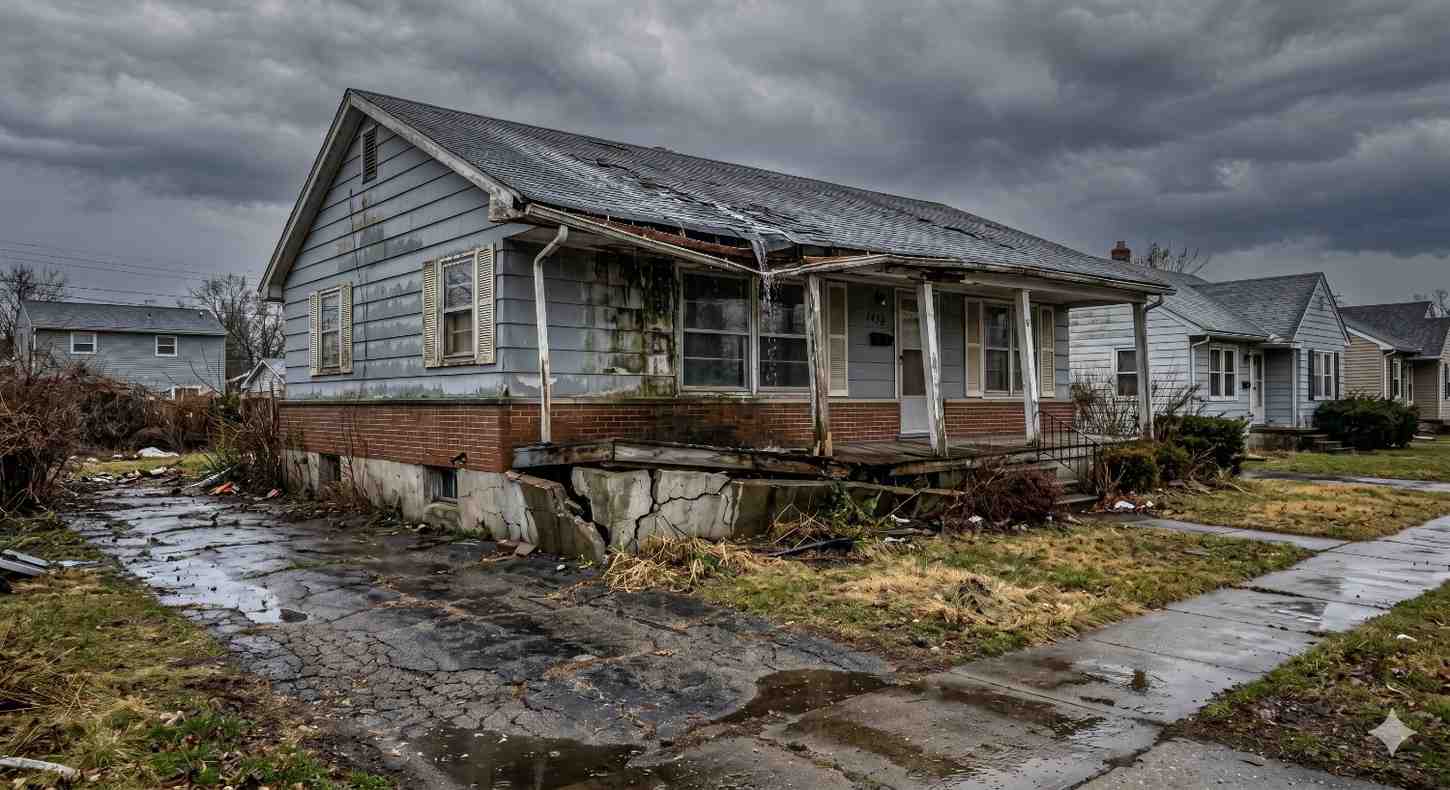 A deteriorating single-story house sits under dark storm clouds with cracked pavement, damaged foundation, peeling siding, and overgrown debris, showing clear signs of neglect and structural decay in a residential neighborhood.