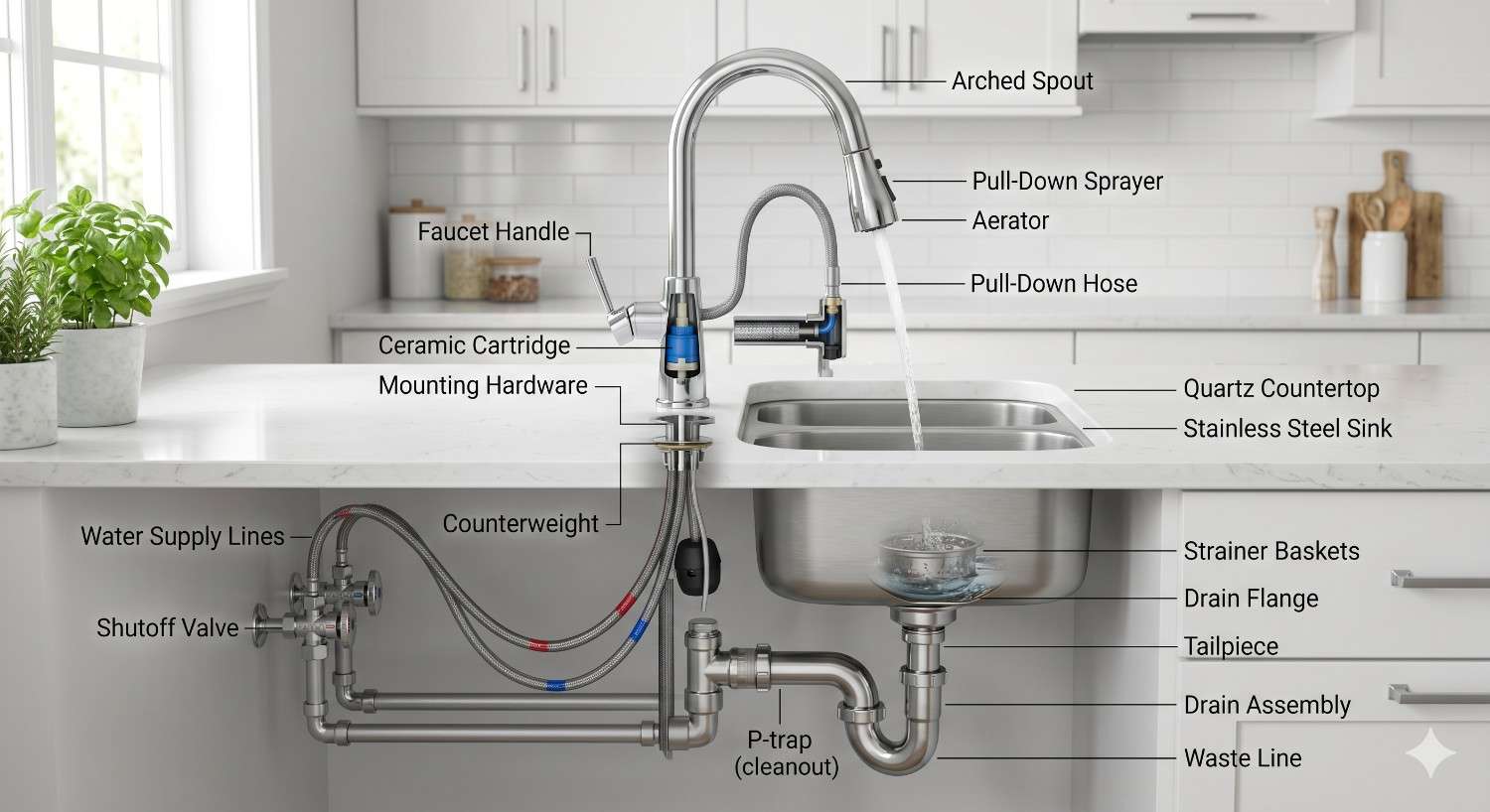 Labeled diagram of a kitchen faucet and sink plumbing system showing key components above and below the countertop. Annotations identify the faucet handle, pull-down sprayer, cartridge, water supply lines, shutoff valves, counterweight, sink basin, drain assembly, P-trap, waste line, and related hardware for installation, maintenance, and repair reference.
