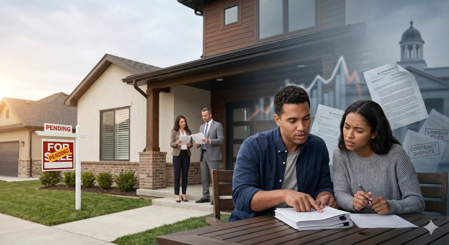 Couple reviews paperwork outside a suburban home with a pending sale sign while real estate agents stand nearby. Overlay graphics showing contracts, disputes, and financial charts suggest legal or financial issues affecting the property transaction.