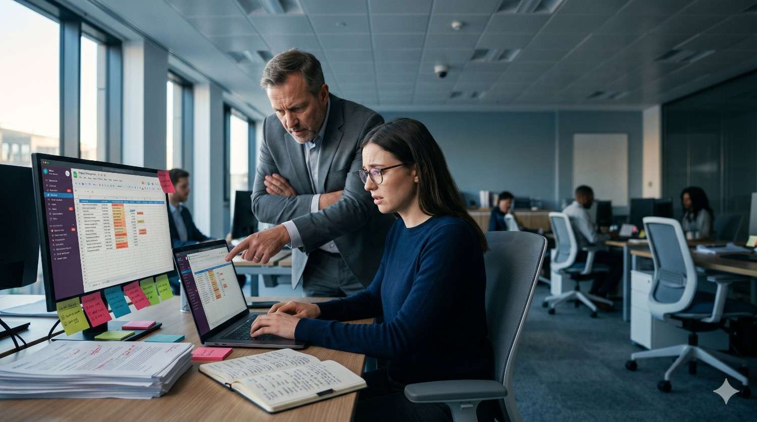 A manager reviews project data with an employee at a modern office workstation. They examine spreadsheets on dual screens and a laptop while collaborating on tasks, with coworkers working in the background.