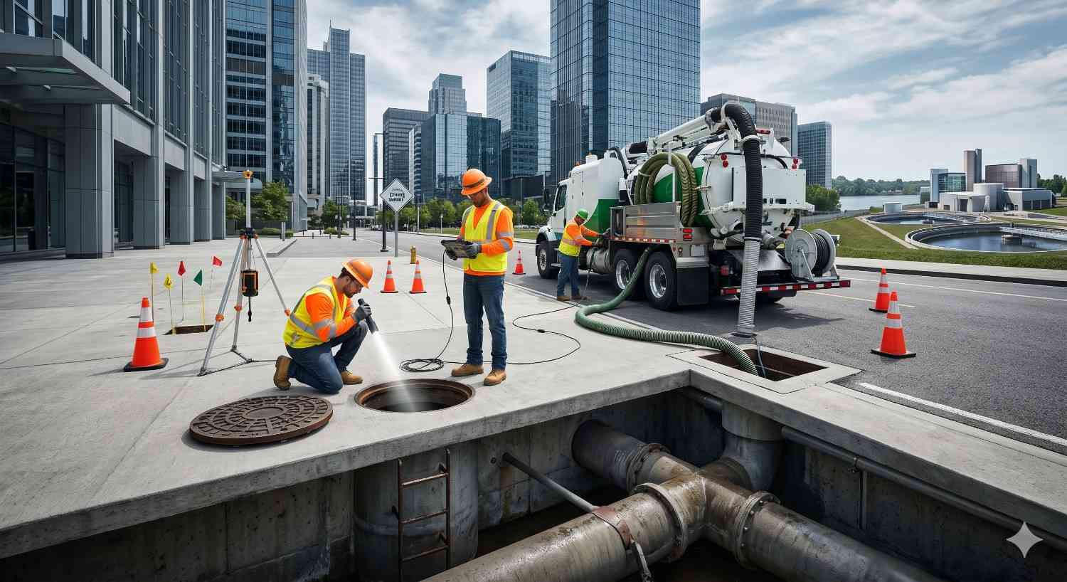 Municipal utility workers inspect and maintain an underground sewer or stormwater system in an urban business district. Technicians use specialized equipment, cameras, and a vacuum truck while accessing a manhole. Exposed underground pipes, safety cones, and surveying tools highlight infrastructure maintenance, pipeline inspection, public works operations, and wastewater management services.