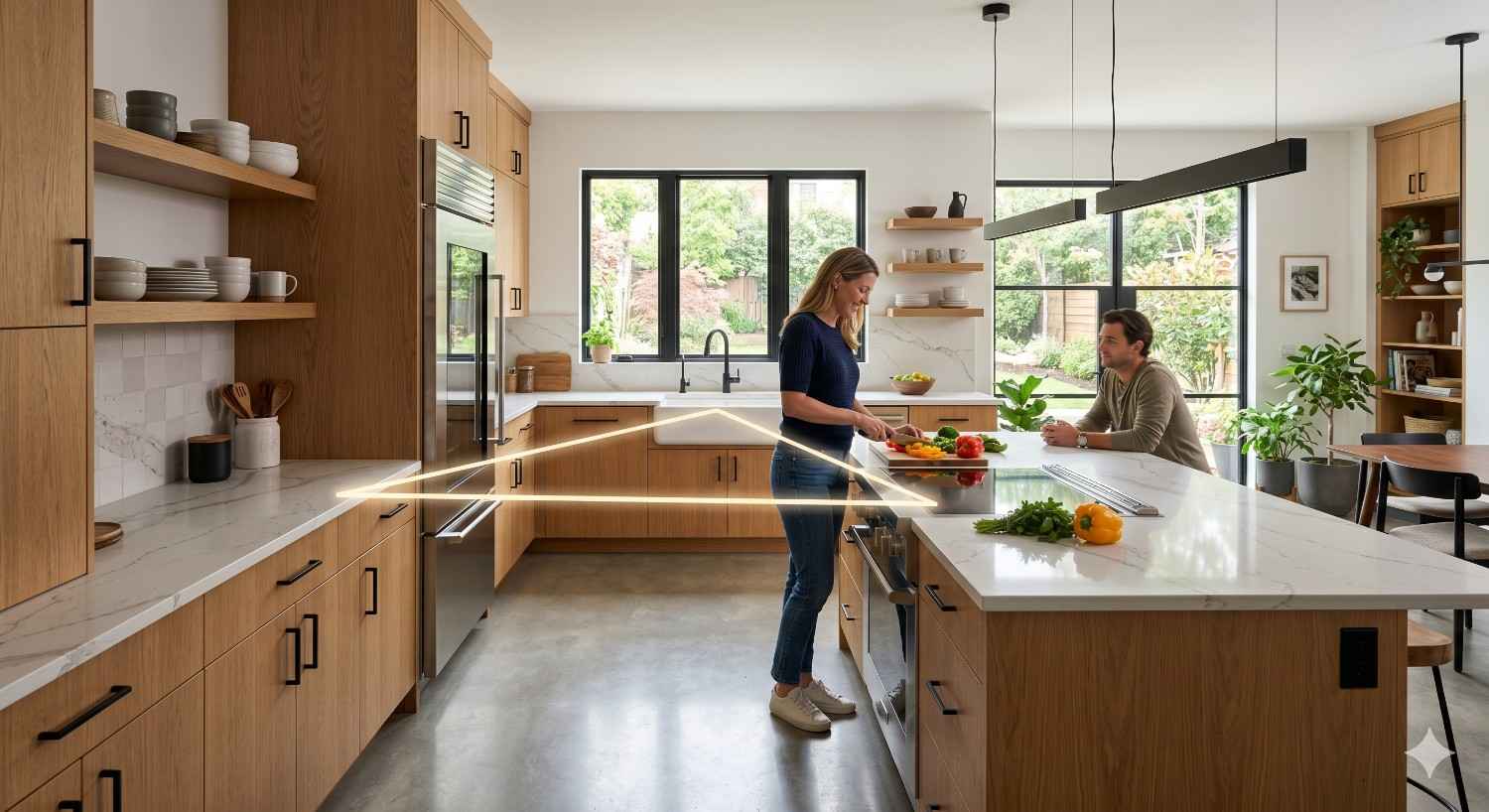 Modern kitchen with natural wood cabinetry, marble countertops, and a large island. A woman prepares vegetables while a man sits nearby, creating a warm open-concept living and dining atmosphere with large windows and natural light.