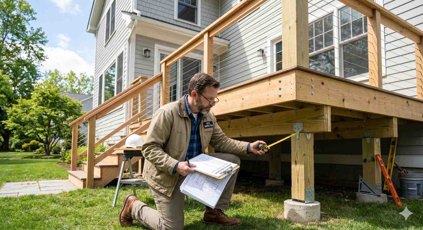 A deck inspector kneels beneath a raised backyard deck, measuring structural components and reviewing construction documents. The wood-framed deck features cable railings, stairs, support posts, and concrete footings. The image highlights deck safety inspections, code compliance, structural assessment, quality control, professional evaluation, and residential outdoor construction standards.