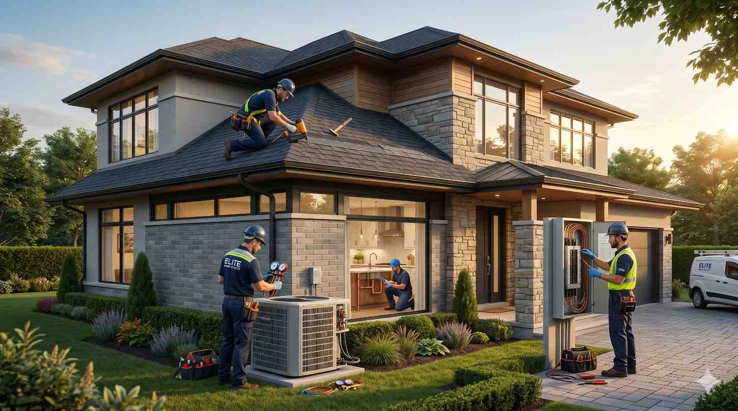 Construction and maintenance workers perform roofing, HVAC, plumbing, and electrical work on a modern two-story home. Technicians in safety gear work around the exterior while landscaping and warm evening lighting enhance the residential setting.