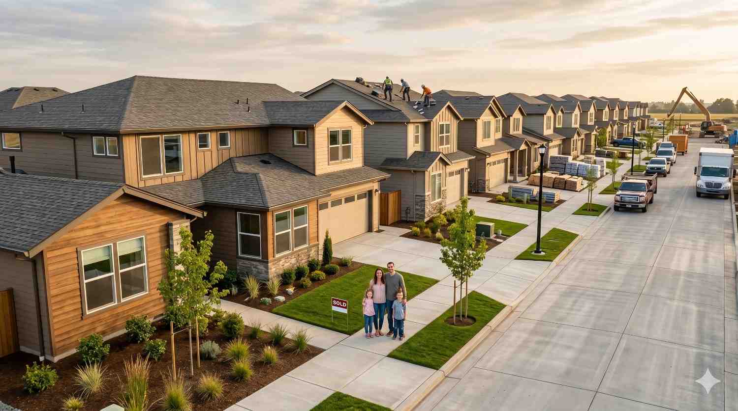 Family stands outside a newly built suburban home in a growing residential neighborhood. Construction crews work on nearby rooftops while additional homes, landscaping, and development activity extend along the street.