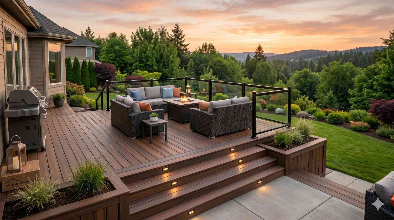 Elevated backyard deck overlooks a lush, landscaped valley at sunset. The outdoor living space features comfortable sectional seating surrounding a fire table, glass railings, integrated stair lighting, decorative planters, and a barbecue grill. Warm evening light enhances the modern deck design, creating a relaxing setting for entertaining and enjoying scenic views.