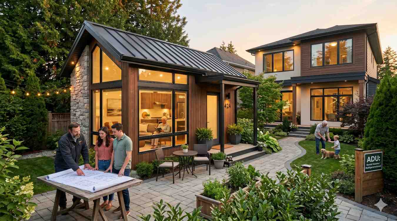 Modern backyard accessory dwelling unit with warm interior lighting, metal roof, and large glass windows beside a contemporary family home. Homeowners and contractor review building plans outdoors while residents enjoy landscaped gardens and patio spaces. Cozy ADU design highlights multigenerational living, compact sustainable housing, modern architecture, and functional residential backyard development at sunset.