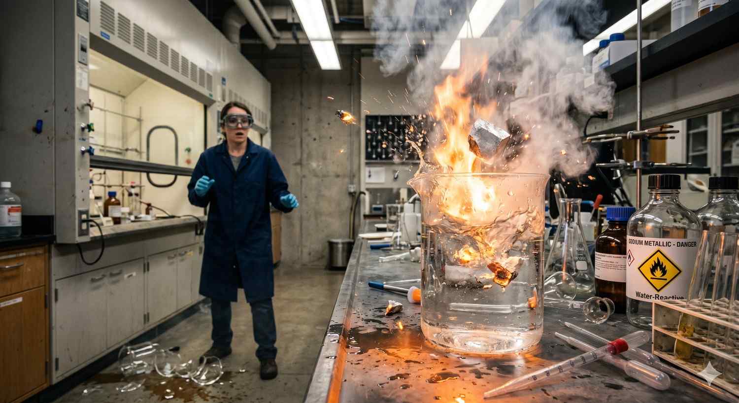 A laboratory accident erupts as a container bursts into flames and sparks on a cluttered workbench. A startled researcher wearing safety goggles and gloves stands nearby, while broken glass and bottles labeled “Water-Reactive” indicate a dangerous chemical reaction.