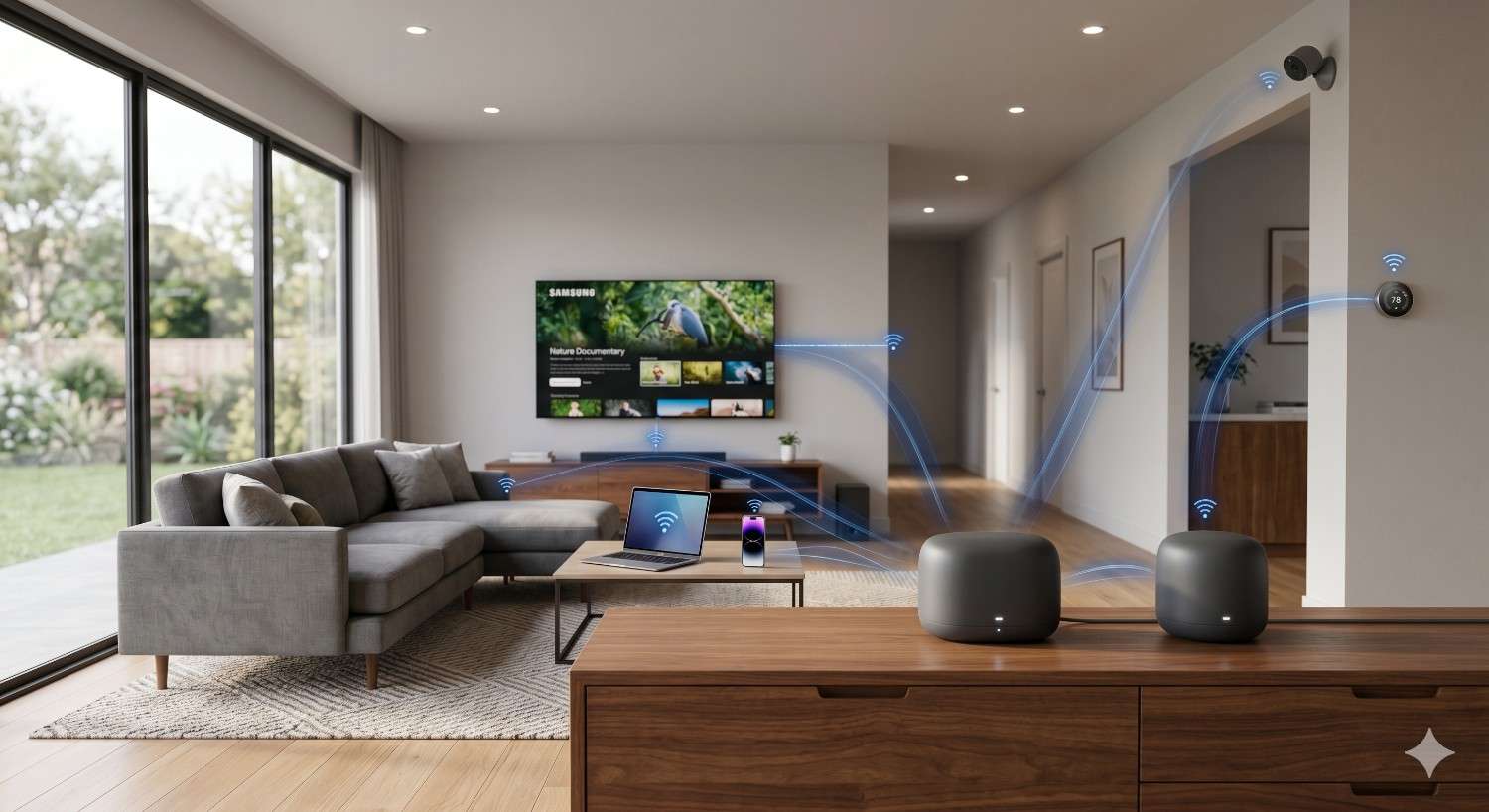 Modern living room with smart devices connected through seamless Home Network & Wi-Fi Setup, showing laptop, phone, TV, and speakers communicating wirelessly across a bright open space