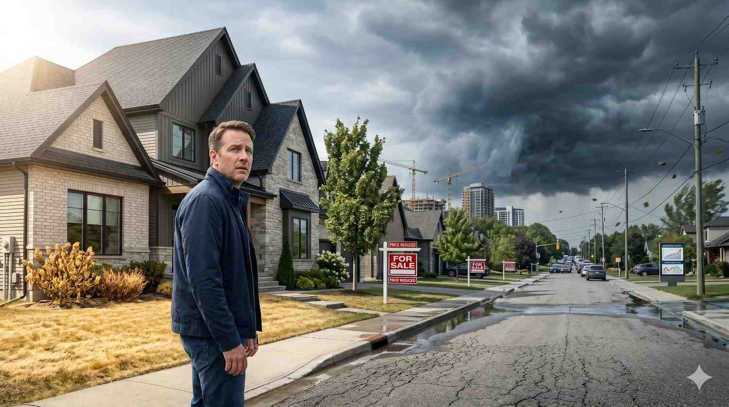 Man stands in a suburban neighborhood beside homes and “For Sale” signs as dark storm clouds gather overhead. Wet streets, distant construction, and an ominous sky create a tense atmosphere suggesting uncertainty in the housing market or approaching severe weather.