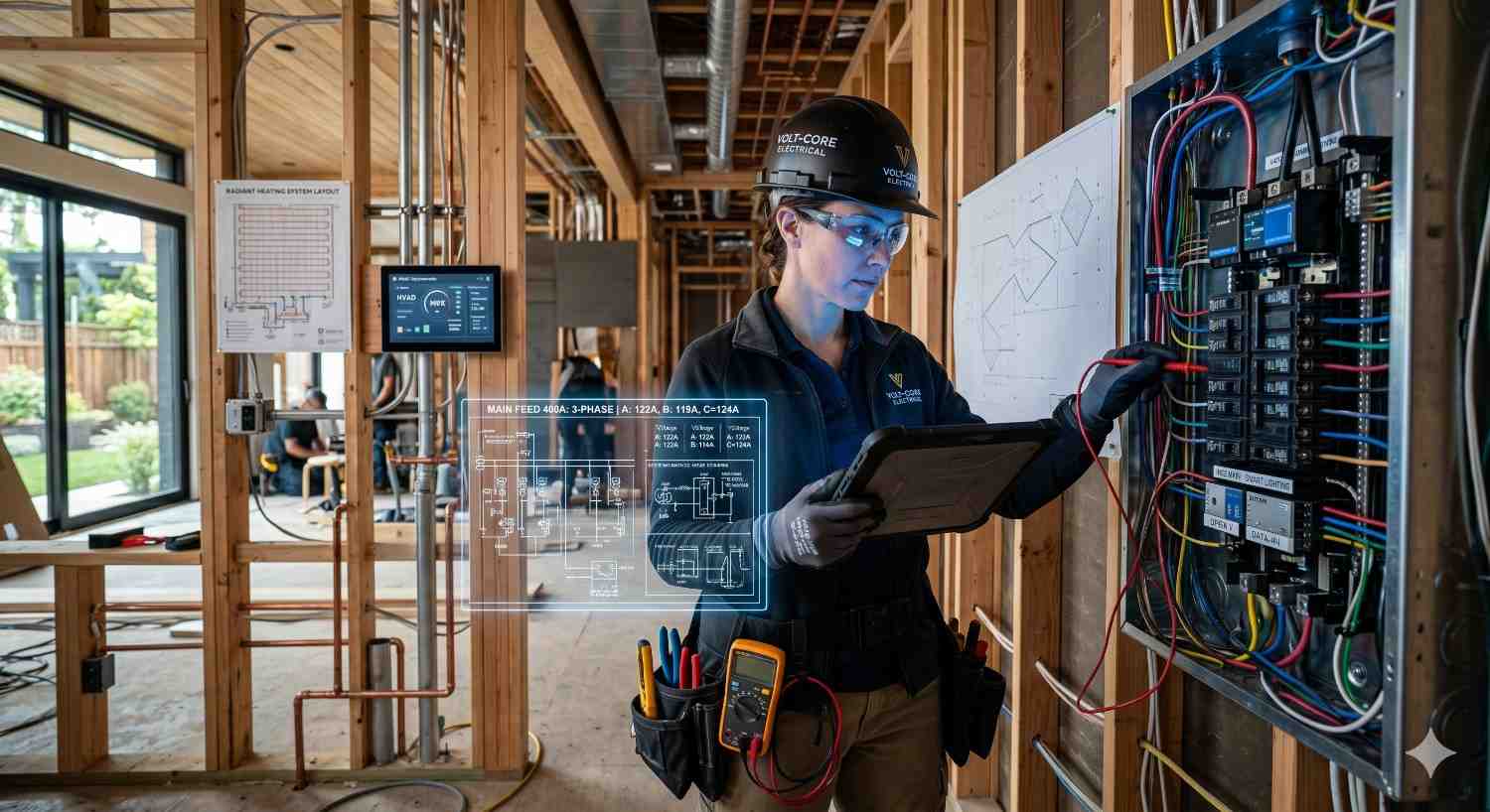 An electrician wearing safety gear inspects a residential electrical panel inside a home under construction. Holding a tablet, the technician reviews wiring diagrams and smart system data while testing circuits in the unfinished interior.