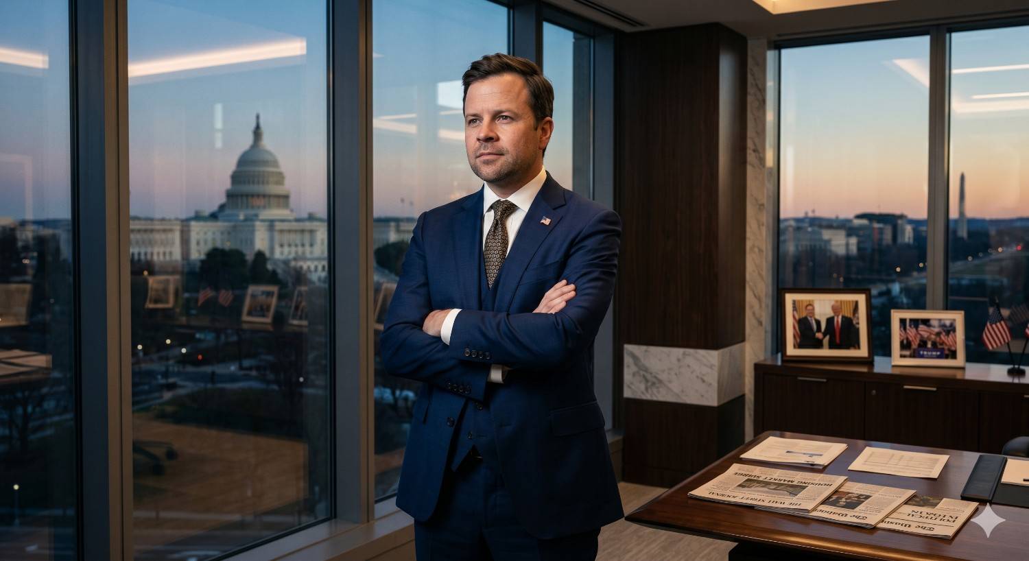 A government official or executive stands in a modern office overlooking the U.S. Capitol at dusk. Documents and reports on the desk suggest discussions about housing policy, finance, or mortgage regulations in Washington, D.C.