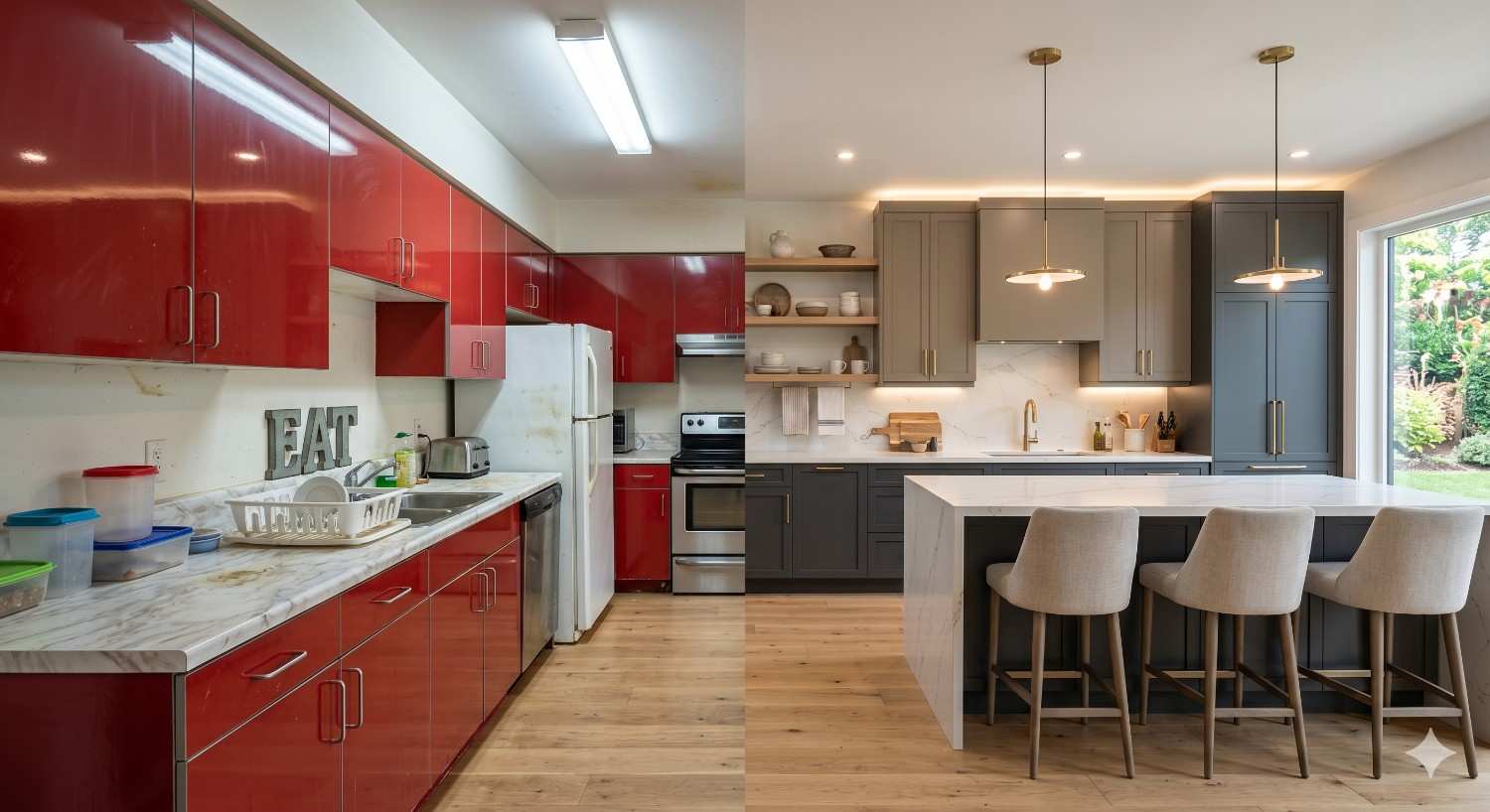 A side-by-side kitchen renovation comparison shows an outdated kitchen with glossy red cabinets beside a remodeled modern kitchen featuring gray cabinetry, pendant lighting, a large island, and contemporary finishes.