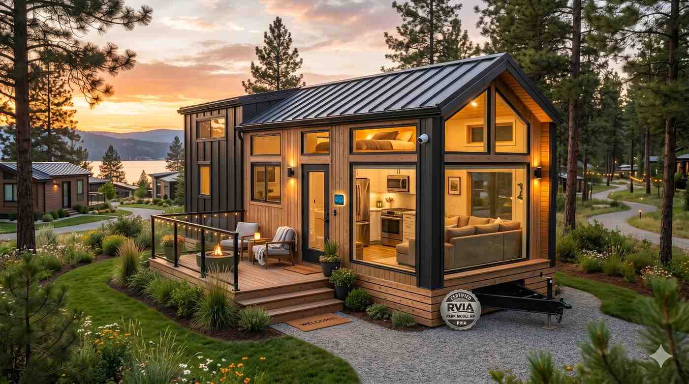 Cozy modern tiny house surrounded by pine trees near a lakeside community at sunset Features large glass windows, warm interior lighting, metal roofing, and a landscaped wooden deck with seating Compact luxury design includes a loft bedroom, stylish kitchen, and inviting outdoor living space blending contemporary comfort with peaceful natural surroundings beautifully
