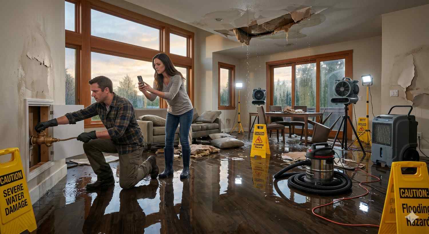A water-damaged home interior shows a leaking ceiling, flooded floors, and peeling walls. A man repairs plumbing while a woman documents the damage with her phone. Industrial drying equipment, caution signs, and cleanup tools indicate active flood restoration efforts.