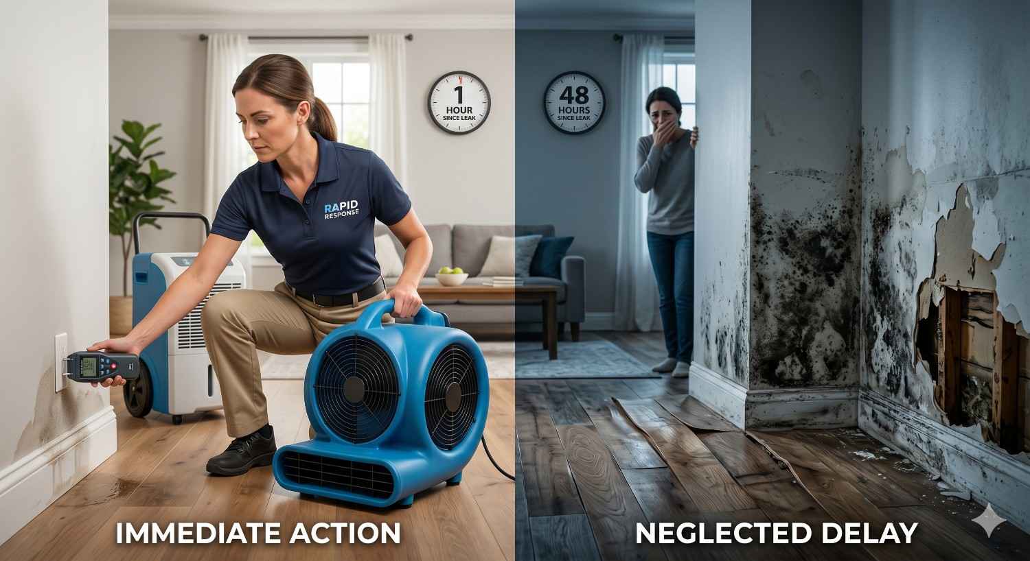 Split-screen comparison of water damage response outcomes. One side shows a technician using drying equipment immediately after a leak, while the other shows severe mold growth and wall damage caused by delayed action after 48 hours of untreated moisture.