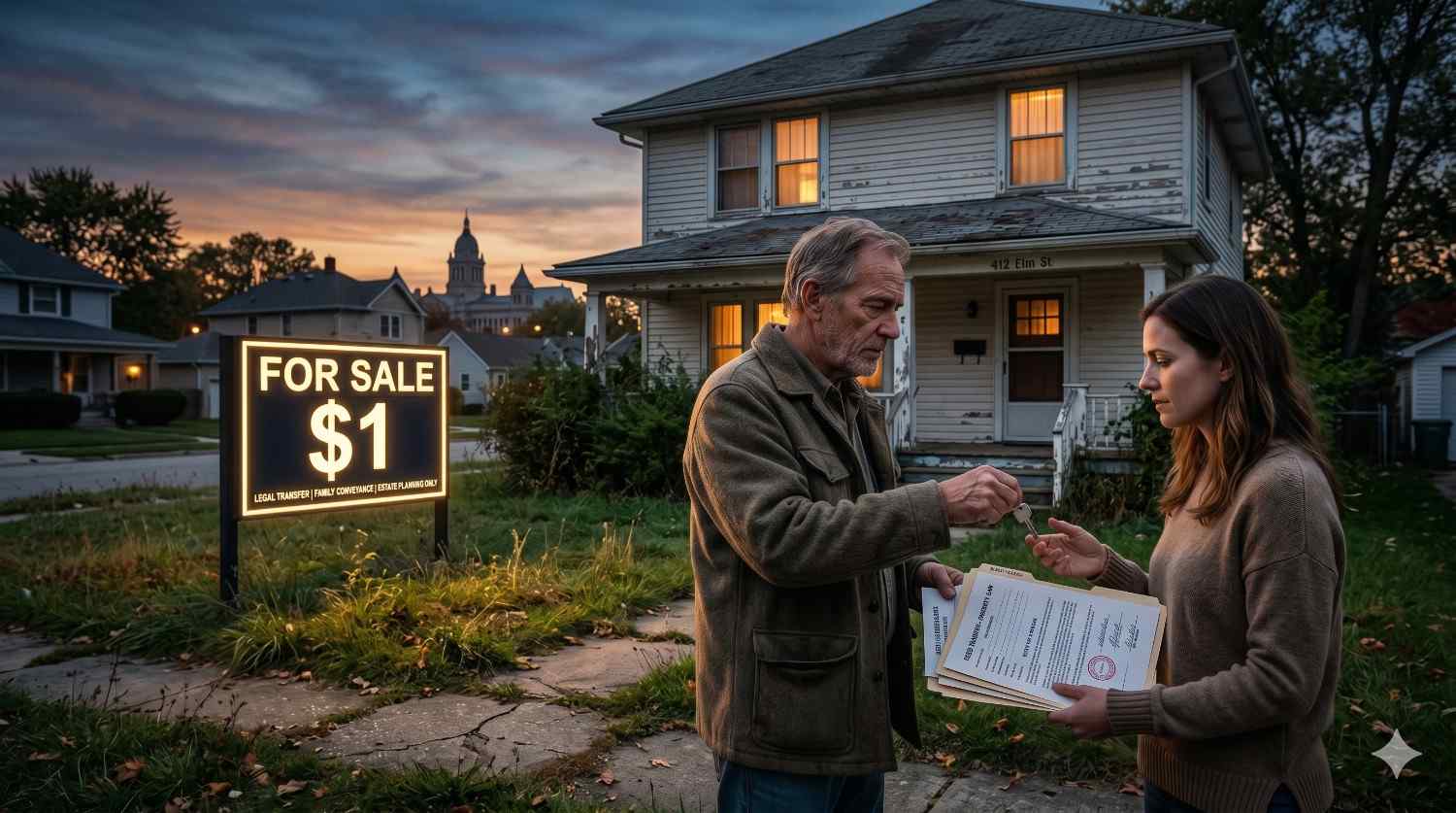 An older man hands keys and documents to a younger woman outside a worn two-story house at dusk. A glowing “For Sale $1” sign stands in the yard, suggesting a symbolic or distressed property transfer in a quiet suburban neighborhood.