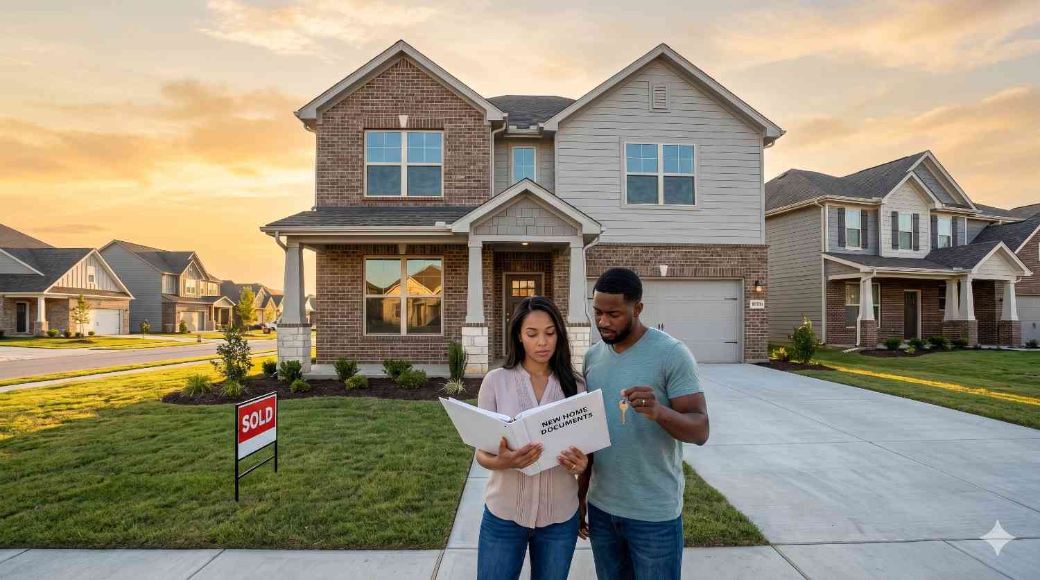 Couple stands outside their newly purchased suburban home, reviewing closing documents while holding house keys. A “Sold” sign is displayed on the front lawn in a modern residential neighborhood at sunset.