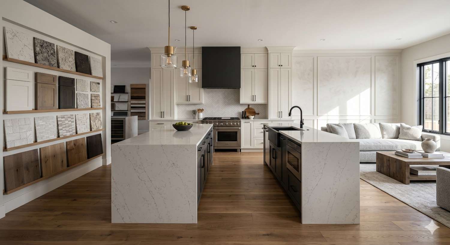 Bright contemporary kitchen and living area featuring dual waterfall-edge marble islands, white shaker cabinetry, black accent island, and warm wood flooring. Display wall showcases countertop, tile, and cabinetry material samples for interior design selection. Open-concept luxury home includes pendant lighting, large windows, neutral furnishings, and sophisticated modern finishes throughout spacious residential interior.