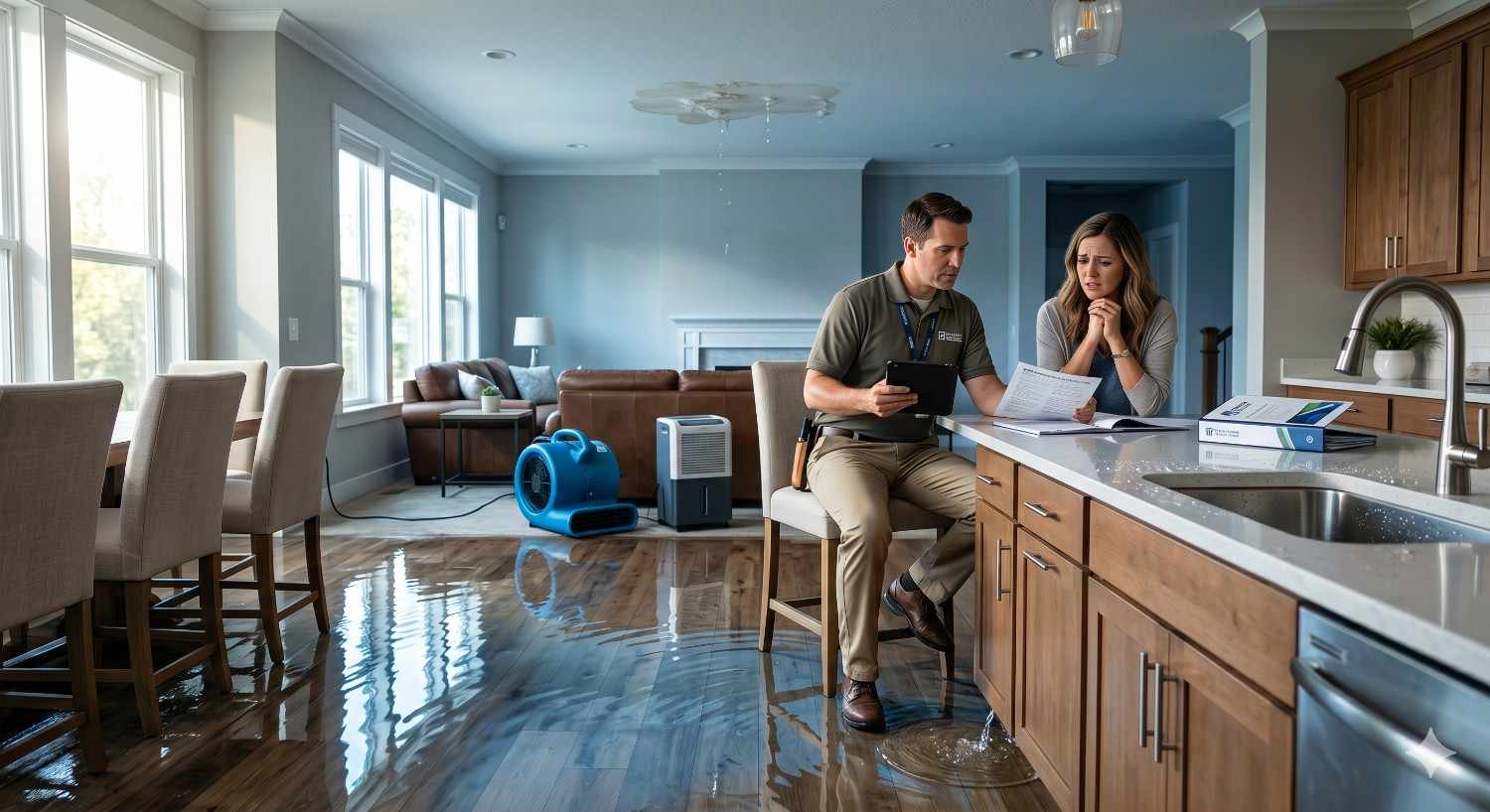 A worried homeowner reviews paperwork with an insurance adjuster in a flooded kitchen and living area. Water covers the hardwood floors while drying equipment runs nearby, illustrating home water damage assessment, insurance claims, and restoration efforts after a leak or flood.
