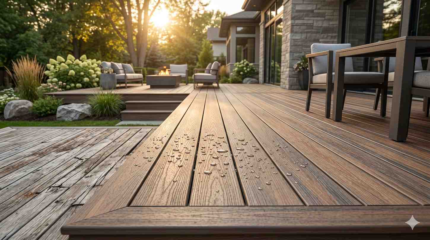 Close-up of a modern composite deck with water-resistant boards beside an older weathered wooden deck. The backyard features outdoor seating, landscaping, and a fire pit, highlighting the durability, low maintenance, and upgraded appearance of composite decking materials.